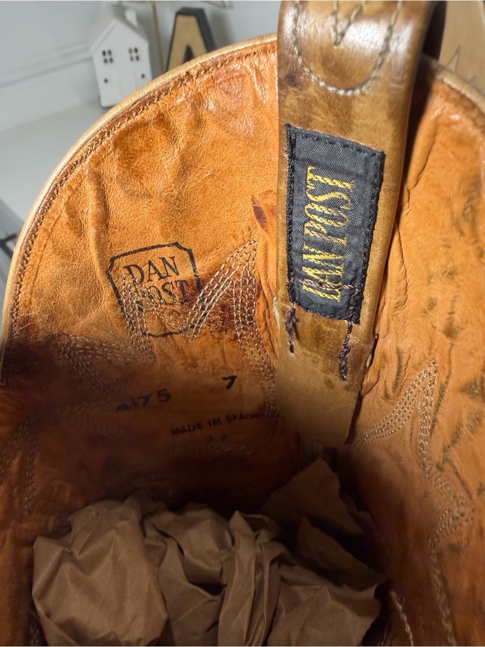 Dan Post Made in Spain Women's 7 Tan Leather Cowboy Boots Vintage Western - Picture 8 of 8